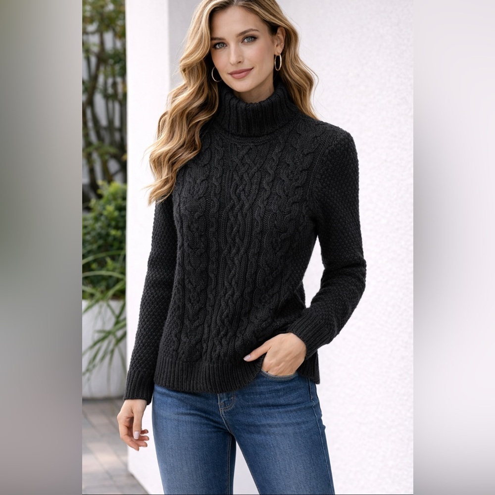 Lauren Ralph Lauren Cable Knit Turtleneck Sweater Large Black Wool Blend